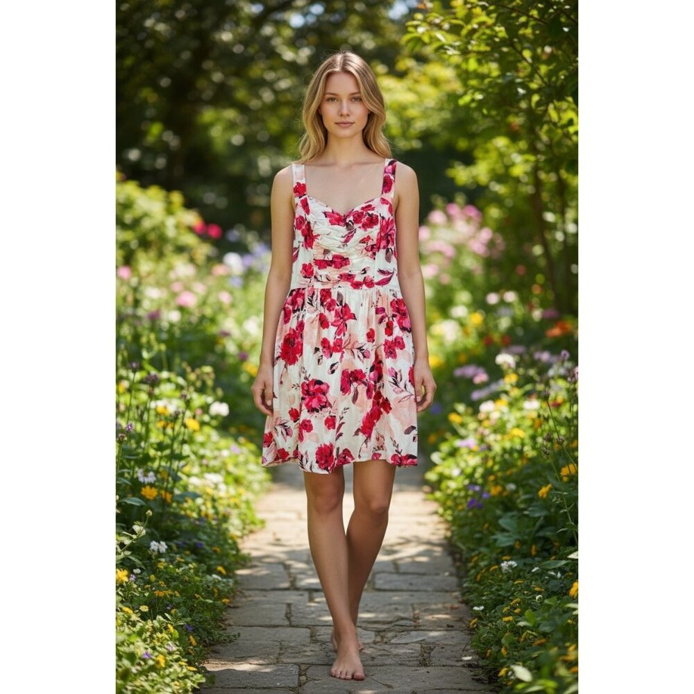 Floral Mini Dress Women Size S Fit Flare Summer Pink Red Back Zip